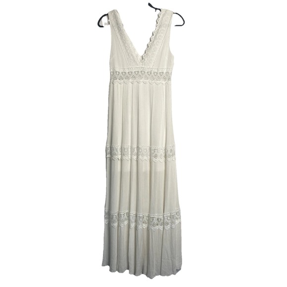 Altar'd State White Lace Trim Plunge Neck Maxi Dress Women's Small Romantic Boho - Picture 1 of 7
